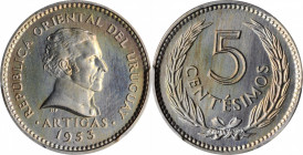 URUGUAY

URUGUAY. 5 Centesimos, 1953. London Mint. PCGS PROOF-66 Gold Shield.

KM-34. Surpassed by just one example in the PCGS census, this incre...