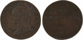 Convention, essai de 25 centimes Dupré, An 3 (1794-1795) Paris
A/REPUBLIQUE - FRANCAISE
Buste de la Liberté à gauche, au-dessous une étoile
Inscrip...