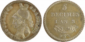 Consulat, essai du 5 décimes de Lorthior, An 8 (1799-1800) Paris
A/REPUBLIQUE - FRANCAISE
Buste de Minerve casquée à gauche
Dans un grènetis : 5/ D...