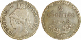 Consulat, essai du 2 décimes de Lorthior, An 8 (1799-1800) Paris
A/REPUBLIQUE - FRANCAISE
Buste de Minerve casquée à gauche, au-dessous signature LO...