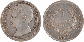 Napoléon II, essai de 1 franc, 1816 (1860) Bruxelles
A/NAPOLEON II - EMPEREUR
Tête nue à gauche de Napoléon II
R/EMPIRE (branche) - FRANÇAIS// * (d...