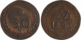 Louis XVIII, Mines d'Aniche, 30 sols, 1820
30/ .S. sous un chapeau, le tout dans une couronne formée de deux branches
Sous un marteau et un pic en s...