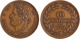 Charles X, essai de 10 centimes bronze, flan épais, s.d. Paris
A/CHARLES X ROI - DE FRANCE
Tête laurée à gauche, au-dessous signature N. Tiolier
Co...