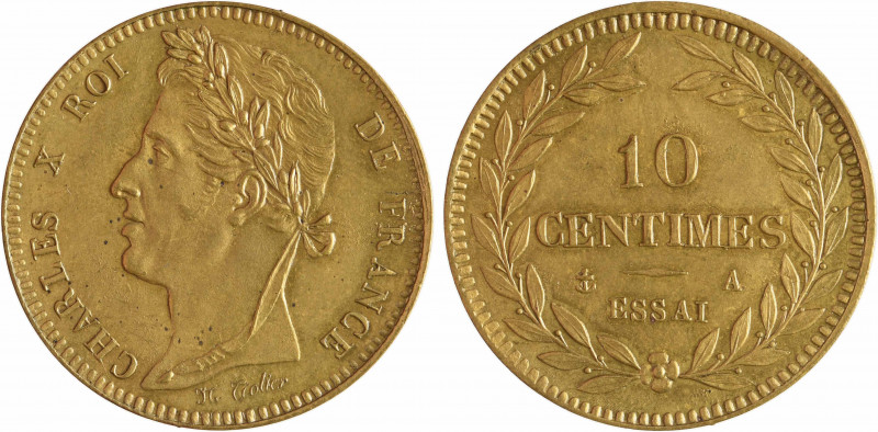 Charles X, essai de 10 centimes bronze, flan mince, s.d. Paris
A/CHARLES X ROI ...