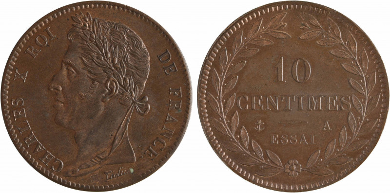 Charles X, essai de 10 centimes bronze, tranche guillochée, s.d. Paris
A/CHARLE...