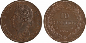 Charles X, essai de 10 centimes bronze, tranche guillochée, s.d. Paris
A/CHARLES X ROI - DE FRANCE
Tête laurée à gauche, au-dessous signature N. Tio...