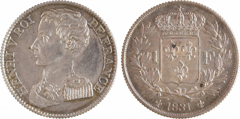 Henri V, 1 franc, 1831
A/HENRI V ROI - DE FRANCE
Buste en uniforme, à gauche, ...
