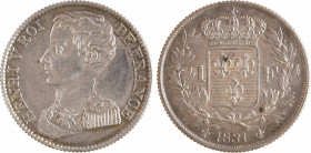 Henri V, 1 franc, 1831
A/HENRI V ROI - DE FRANCE
Buste en uniforme, à gauche, d'Henri V
R/(lis) (date) (lis)
Écu de France couronné et accosté de ...
