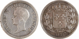 Henri V, 1/2 franc, 1833
A/HENRI V. ROI DE FRANCE.
Tête nue à gauche d'Henri V
R/(date).
Écu de France couronné et accosté de 1/2 - F, dans une co...