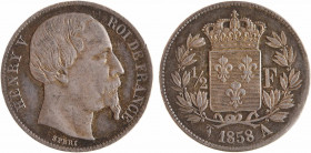 Henri V, 1/2 franc, 1858 Bruxelles (Würden)
A/HENRI V - ROI DE FRANCE
Tête âgée à droite d'Henri V, au-dessous signature SPERI
R/(différent) (date)...
