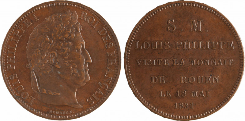 Louis-Philippe Ier, module de 5 francs, visite de la Monnaie de Rouen, 1831 Roue...