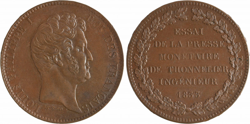 Louis-Philippe Ier, essai au module de 5 francs, par Thonnelier, 1833 Paris
A/L...