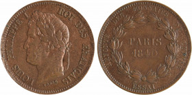 Louis-Philippe Ier, essai de 5 centimes, refonte des monnaies de cuivre, 1840 Paris
A/LOUIS PHILIPPE I - ROI DES FRANÇAIS
Tête laurée à gauche de Lo...
