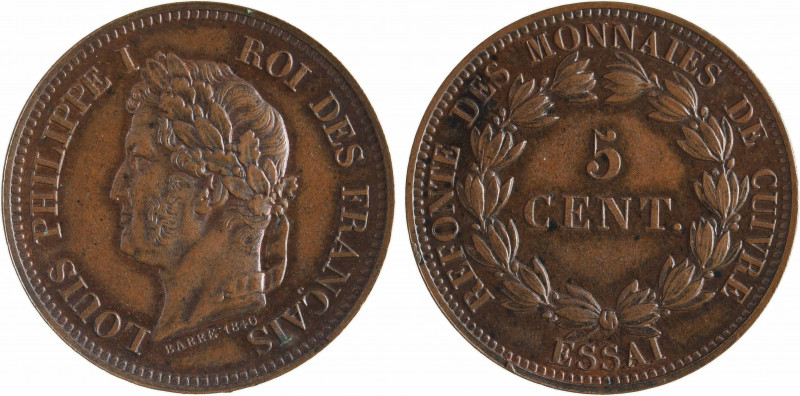 Louis-Philippe Ier, essai de 5 centimes, refonte des monnaies de cuivre, 1840 Pa...