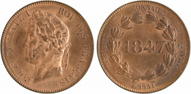 Louis-Philippe Ier, essai de 5 centimes, refonte des monnaies de cuivre, 1847 Paris
A/LOUIS PHILIPPE I - ROI DES FRANÇAIS
Tête laurée à gauche de Lo...