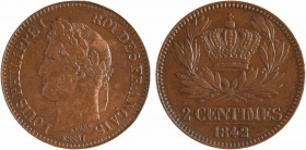 Louis-Philippe Ier, essai de 2 centimes, 1842 Paris
A/LOUIS PHILIPPE I - ROI DES FRANÇAIS// ESSAI
Tête laurée à gauche de Louis-Philippe Ier, signé ...