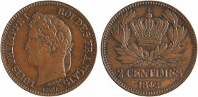 Louis-Philippe Ier, essai de 2 centimes, 1842 Paris
A/LOUIS PHILIPPE I - ROI DES FRANÇAIS// ESSAI
Tête laurée à gauche de Louis-Philippe Ier, signé ...