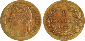 Louis-Philippe Ier, essai de 2 centimes par Bovy, 1843 Paris
A/LOUIS PHILIPPE I - ROI DES FRANÇAIS
Tête laurée à gauche de Louis-Philippe Ier, signé...