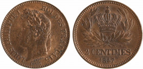 Louis-Philippe Ier, essai de 2 centimes, 1847 Paris
A/LOUIS PHILIPPE I - ROI DES FRANÇAIS// ESSAI
Tête laurée à gauche de Louis-Philippe Ier, signé ...