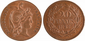IIe République, concours de 20 francs or par Alard, en cuivre, 1848 Paris
A/RÉPUBLIQUE - FRANÇAISE
Tête casquée et laurée à droite de la République,...