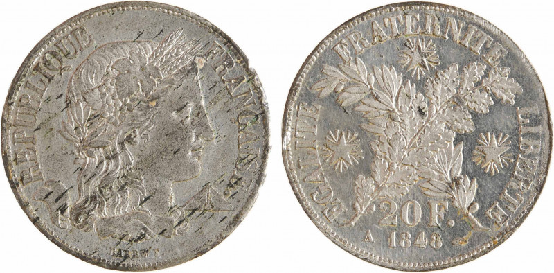 IIe République, concours de 20 francs or par Barre, en étain, 1848 Paris
A/RÉPU...