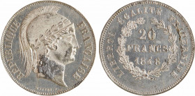 IIe République, concours de 20 francs or par Bouvet, en étain, 1848 Paris
A/RÉPUBLIQUE - FRANÇAISE
Tête casquée à droite de la République, en-dessou...