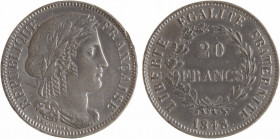 IIe République, concours de 20 francs par Dieudonné, en étain, 1848 Paris
A/RÉPUBLIQUE - FRANÇAISE
Tête à droite de la République, laurée, au-dessou...