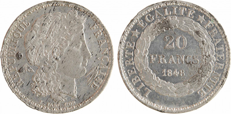 IIe République, concours de 20 francs or par Farochon, en étain, 1848 Paris
A/R...