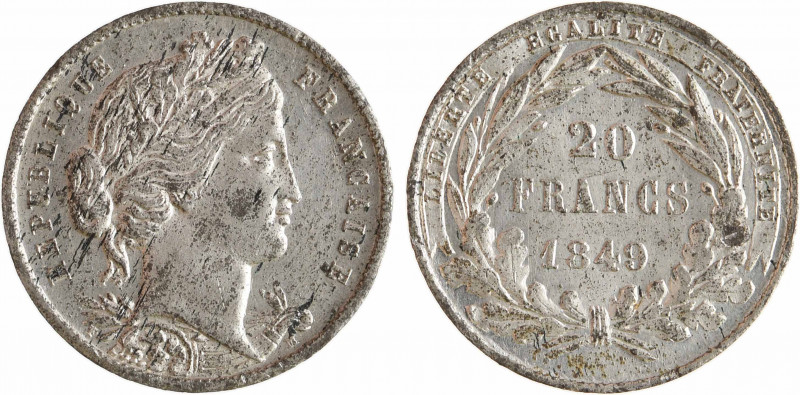 IIe République, concours de 20 francs or par Malbet, en étain, 1849 Paris
A/RÉP...