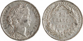 IIe République, concours de 20 francs or par Malbet, en étain, 1849 Paris
A/RÉPUBLIQUE - FRANÇAISE
Tête de la République couronnée à droite au-dessu...