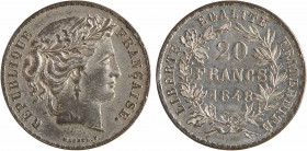 IIe République, concours de 20 francs or par Marrel, en étain, 1848 Paris
A/RÉPUBLIQUE - FRANÇAISE
Tête de la République couronnée à droite, en-dess...