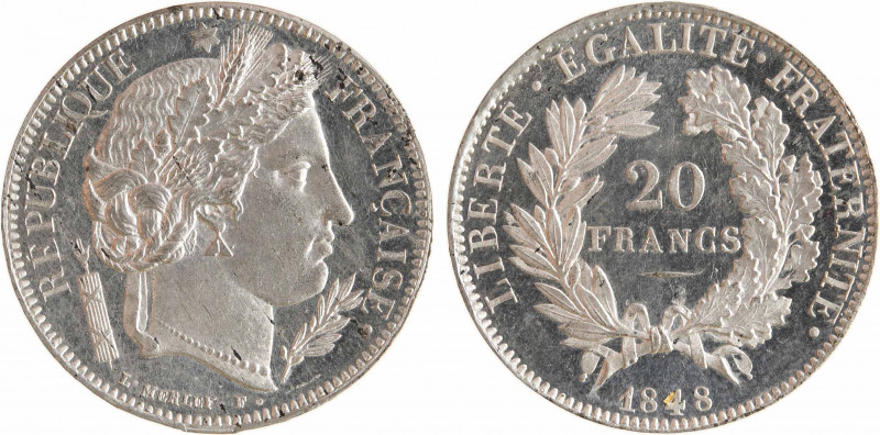 IIe République, concours de 20 francs or par Merley, en étain, 1848 Paris
A/RÉP...