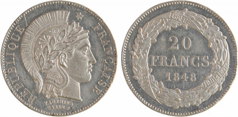 IIe République, concours de 20 francs or par Vauthier-Galle, en étain, 1848 Pari...