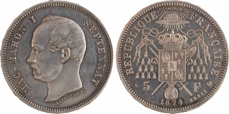 IIIe République, essai satirique de 5 francs Mac-Mahon, 1874 Bruxelles (Würden)...