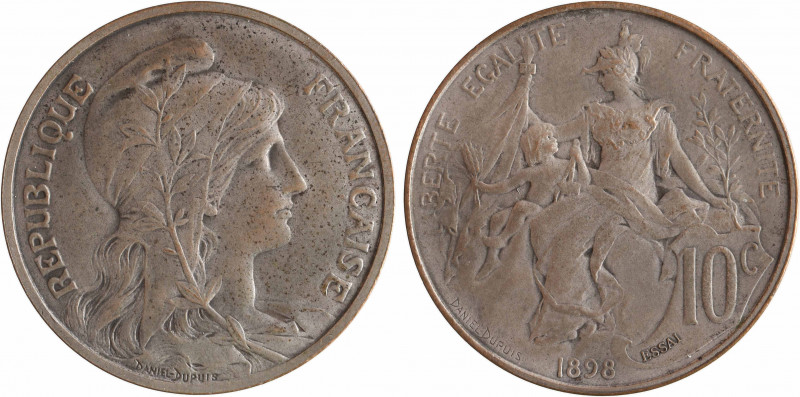 IIIe République, essai de 10 centimes Daniel-Dupuis, bronze-argenté, 1898 Paris...