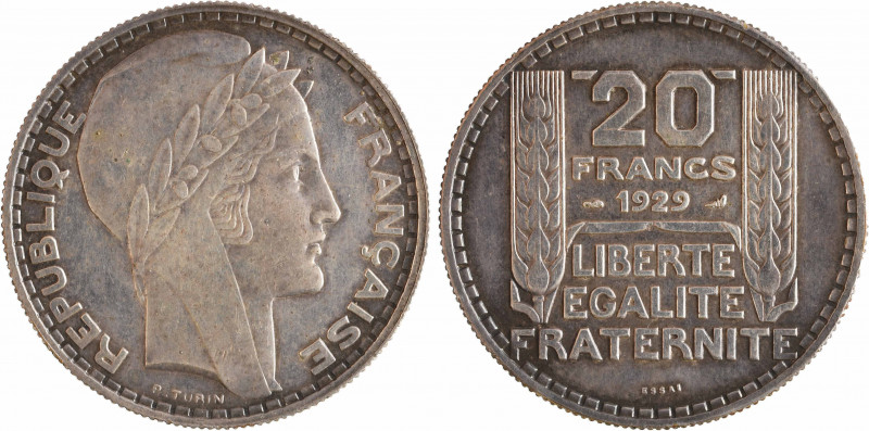 IIIe République, essai de 20 francs Turin en cuivre-aluminium argenté, 1929 Pari...