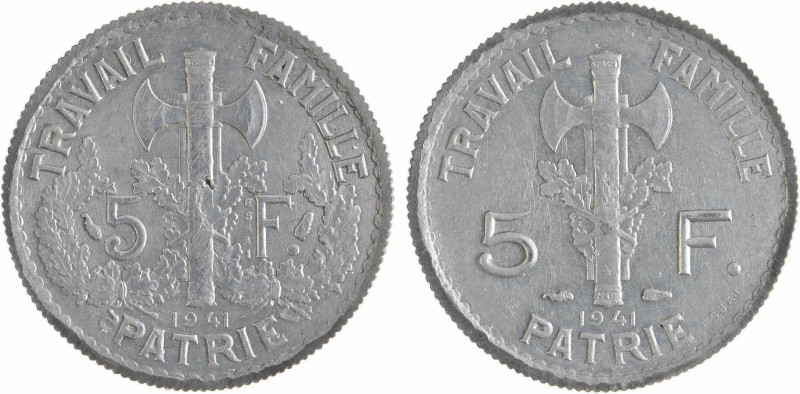 État français, essai double revers de 5 francs Pétain types I et II en zinc, tra...