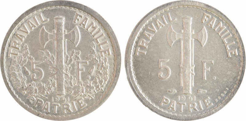 État français, essai double revers de 5 francs Pétain type I et III en argent, 1...