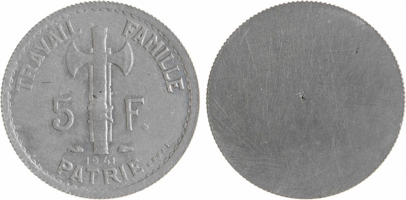 État français, essai uniface de 5 francs Pétain type III en zinc, tranche striée...