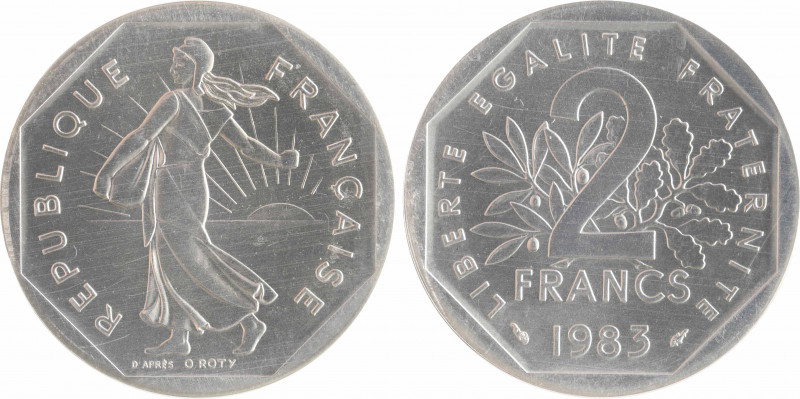 Ve République, piéfort de 2 francs Semeuse en argent, 1983 Pessac
A/REPUBLIQUE ...