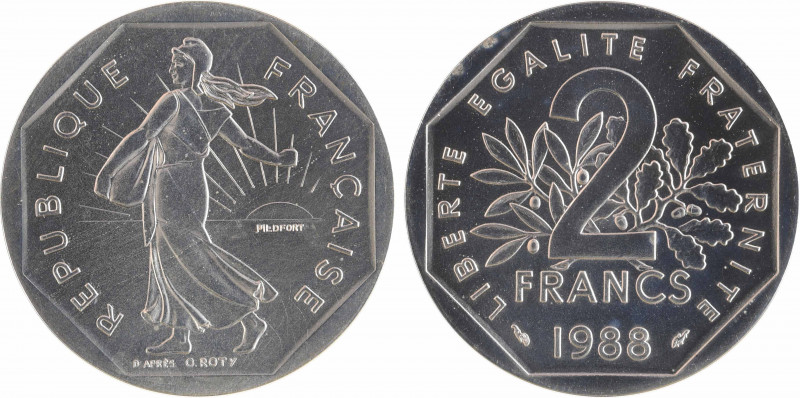 Ve République, piéfort de 2 francs Semeuse en argent, 1988 Pessac
A/REPUBLIQUE ...