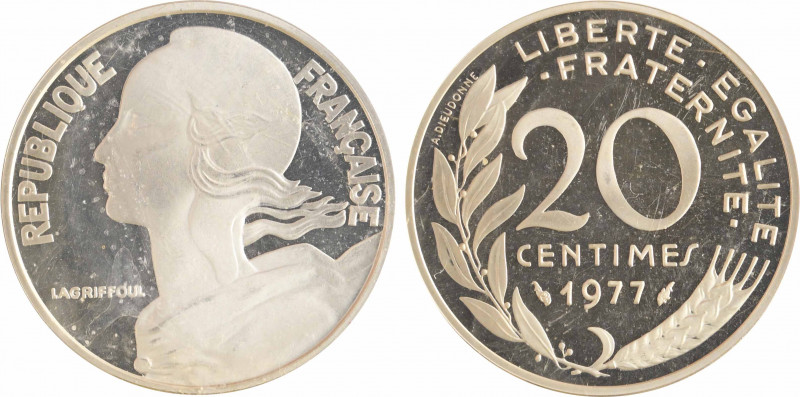 Ve République, piéfort de 20 centimes Lagriffoul en argent, 1977 Pessac
A/REPUB...