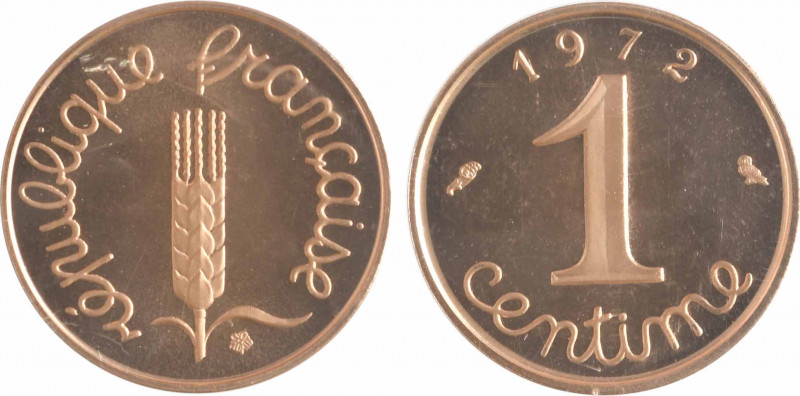 Ve République, piéfort de 1 centime épi en or, 1972 Paris
A/République français...