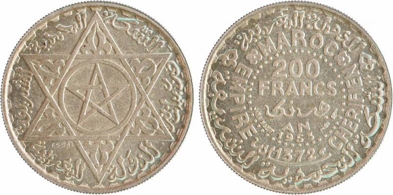 Maroc, Mohammed V, essai de 200 francs, AH 1372 (1953) Paris
A/
Étoile à cinq ...