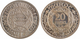 Maroc, Mohammed V, essai de 20 francs, AH 1366 (1946) Paris
A/EMPIRE CHERIFIEN
Étoile à cinq branches, au centre : (date)
R/MAROC
Au centre 20/ FR...