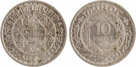 Maroc, Mohammed V, essai de 10 francs, AH 1366 (1947), Paris
A/EMPIRE CHERIFIEN
Étoile à cinq branches, au centre : (date)
R/MAROC
Au centre 10/ F...