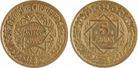 Maroc, Mohammed V, essai de 5 francs, AH 1365 (1946) Paris
A/EMPIRE CHERIFIEN
Étoile à cinq branches, au centre : (date)
R/MAROC
Au centre (différ...