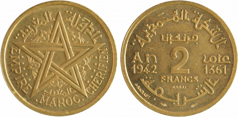 Maroc, Mohammed V, essai de 2 francs, AH 1361 (1942) Paris
A/EMPIRE CHERIFIEN//...