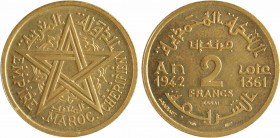Maroc, Mohammed V, essai de 2 francs, AH 1361 (1942) Paris
A/EMPIRE CHERIFIEN// MAROC
Étoile à cinq branches, légende
Au centre 2/ FRANCS/ ESSAI, a...