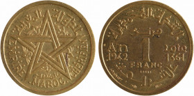Maroc, Mohammed V, essai de 1 franc, AH 1361 (1942) Paris
A/EMPIRE CHERIFIEN// MAROC
Étoile à cinq branches, légende
Au centre 1/ FRANC/ ESSAI, aut...